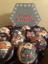 Frosty and Friends 12 Snowmen Christmas Ornaments Decoupage Style In Box 