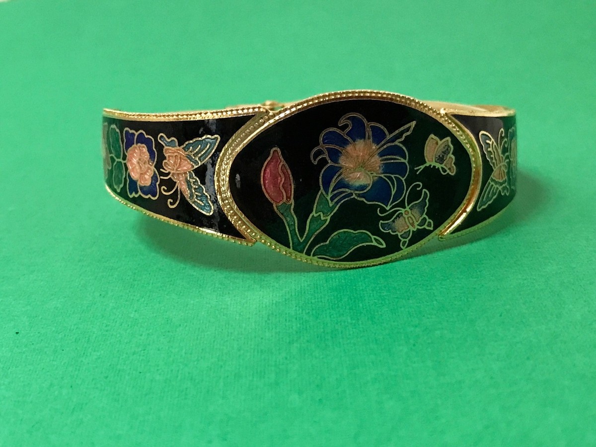 Bracelet Vintage En Métal Couleur Laiton Avec Motif Fleurs/feuilles émaillées