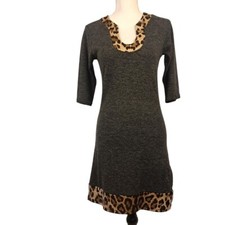 OB2-12 S Charcoal Gray Knit Dress Leopard Trim 3/4 Sleeve Knee Length Fitted