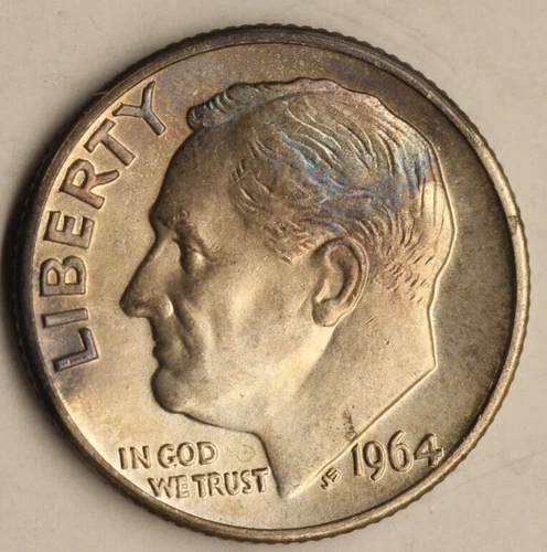 1964 D  Roosevelt  Dime UNC/AU Toning Rainbow 1579