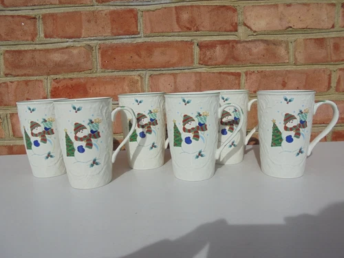 6 Mikasa English Countryside Winter Scene Snowman Coffee Cappuccino Mugs