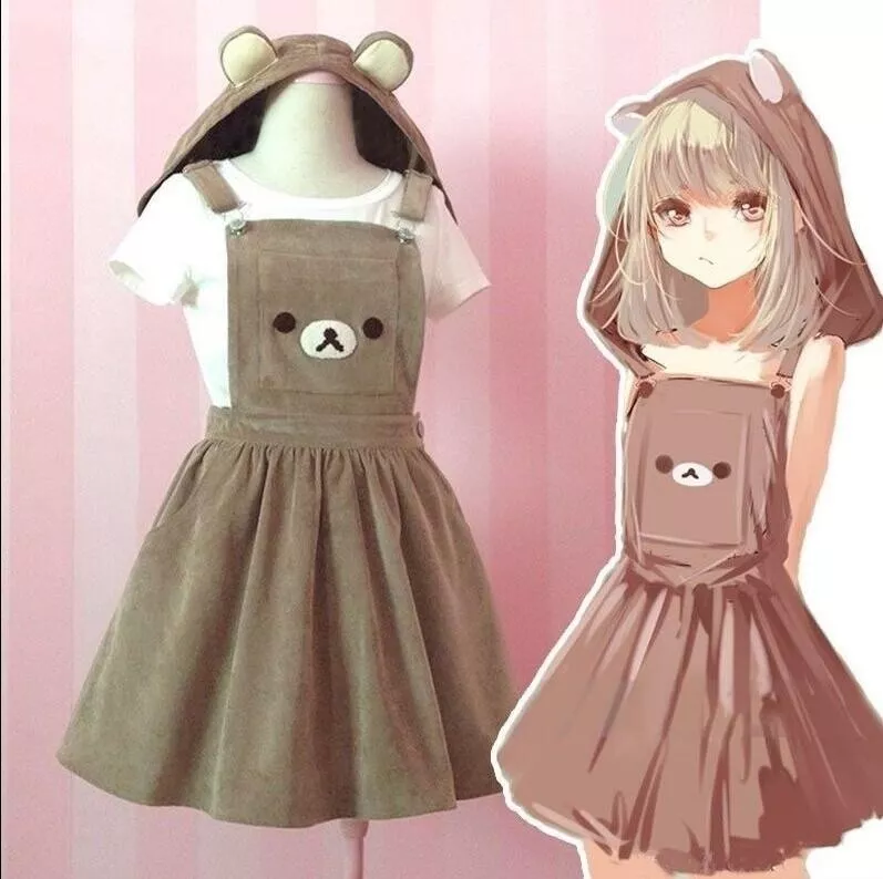 Kawaii Rilakkuma Dress Cute Bear Embroidery Lolita Overall Hat Girl's  Fashion