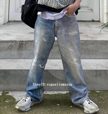 Men digital print vintage washed loose straight our legacy jeans blue