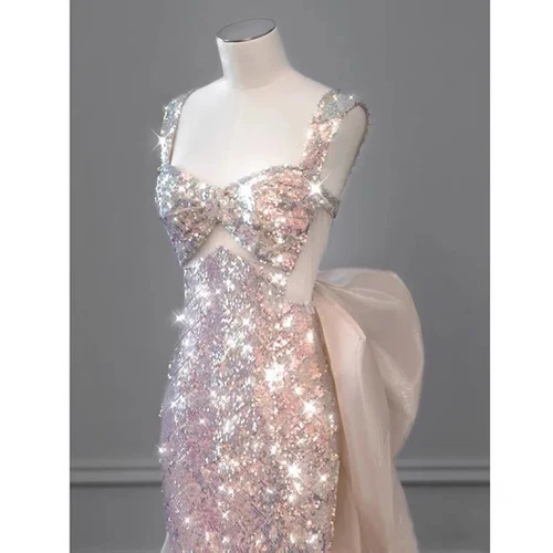 Mermaid Prom Dresses Pink With Detachable Bow Sequins Formal Party Prom Gown - Picture 5 of 8