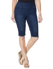 DG2 Diane Gilman Indigo Denim Classic Stretch Pull On Bermuda Shorts New