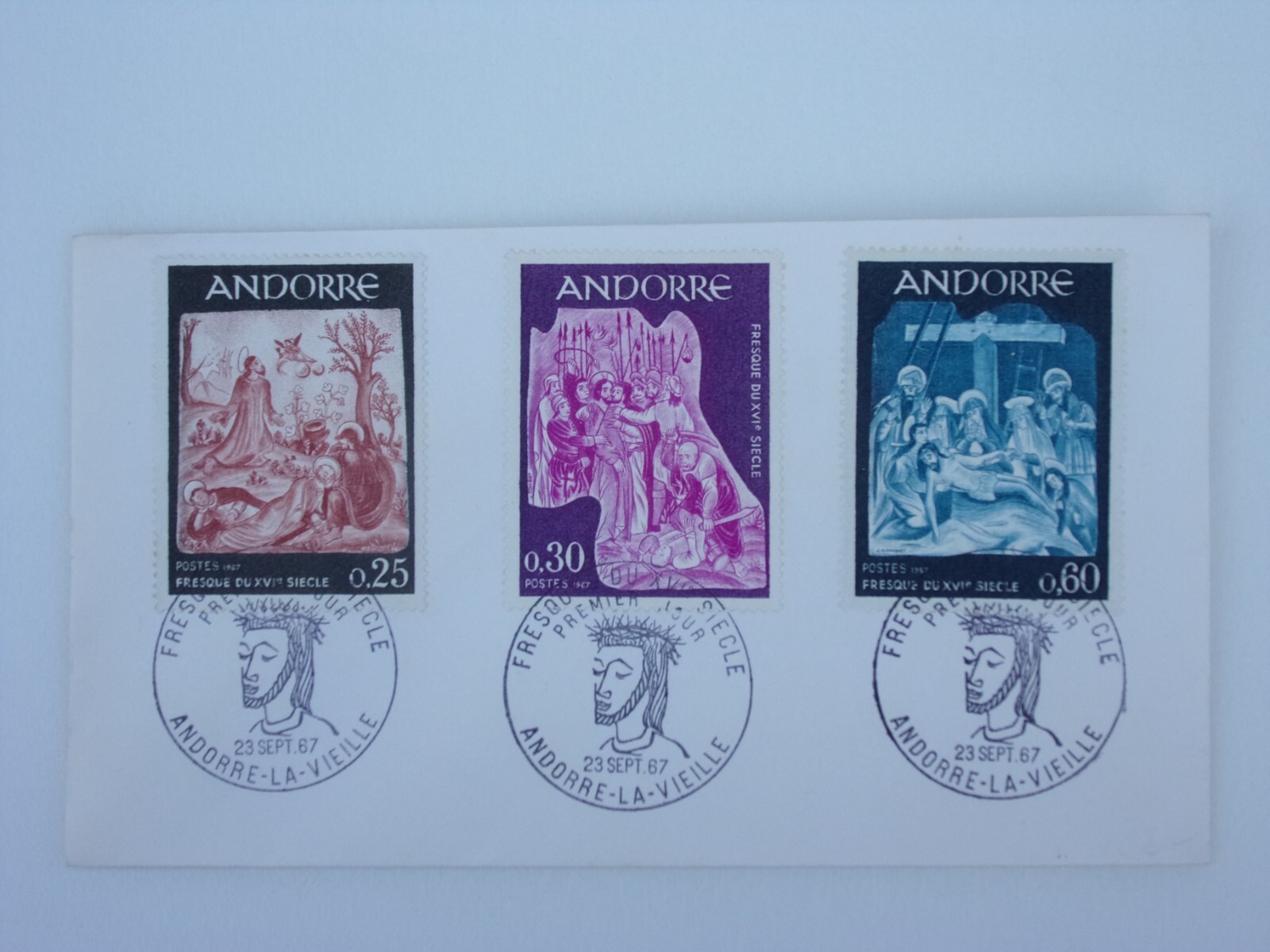 3 Briefmarken von Andorra auf Umschlag mit Sonderstempel, 23. Sept. 67