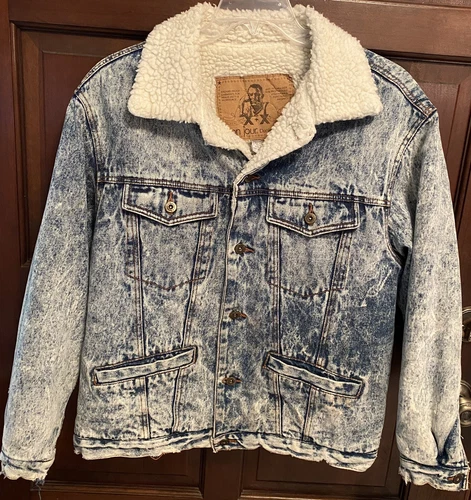 VTG 80's Bon Jour Mens Acid Wash Denim Sherpa Lined Jean Jacket Sz L Frayed - product listing photo