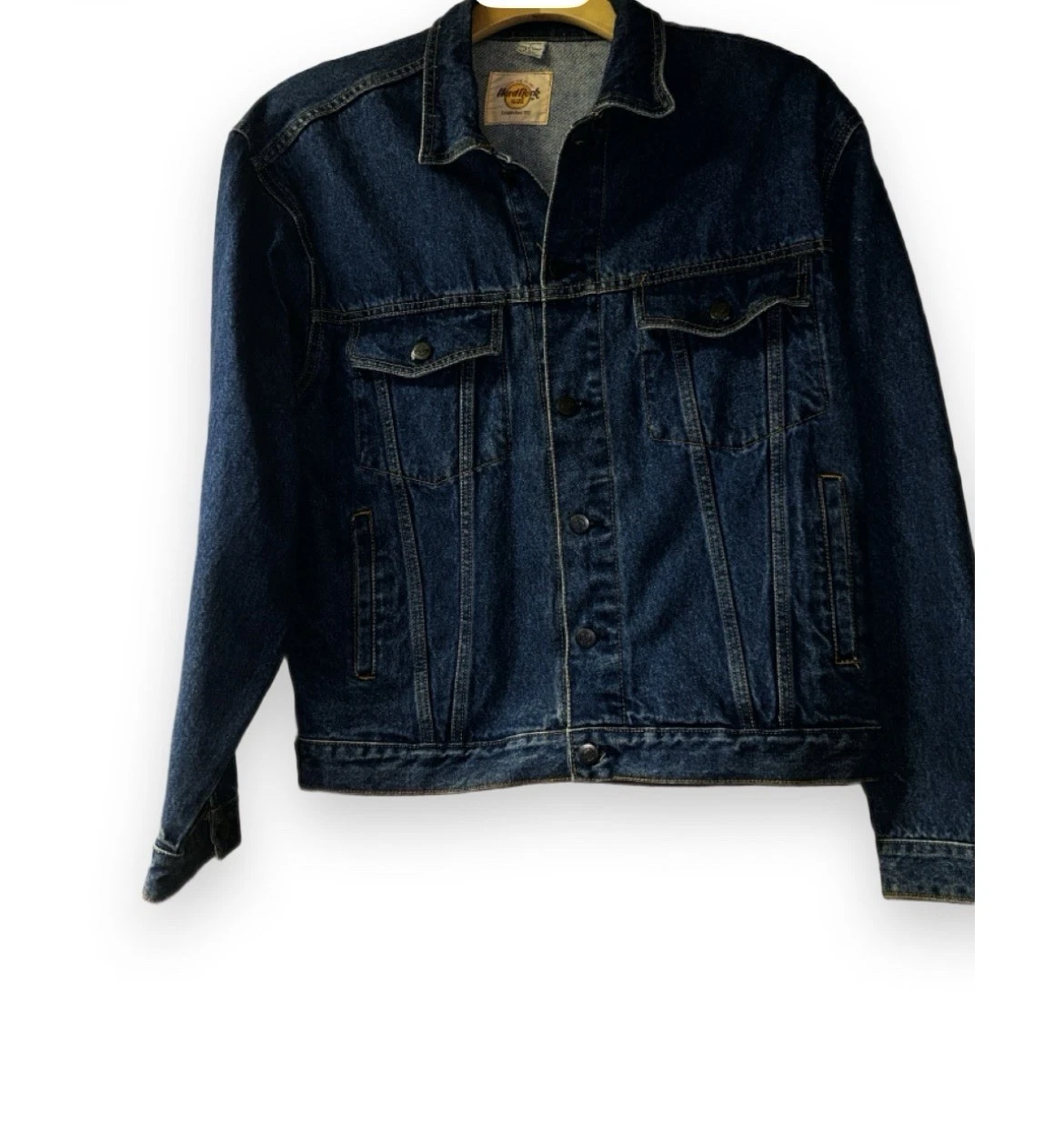 Hard Rock Cafe Boston Blue Denim Jacket Embroidered Logo Button Men's L image 2