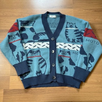 Women's Alicedudu Blue Red Knit Balmy Cat Kitten Pet Cardigan Sweater Sz Medium