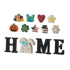 Glitzhome Interchangeable Home Table Signs with 13 Pcs Seasonal Icons, Wooden 