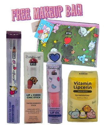 The Creme Shop x BT21 Lip Oil & Liner, Chic Stick & Lipcerin+FREE Makeup Bag Set