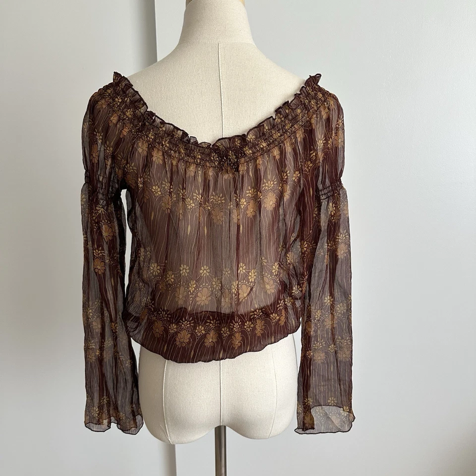GUESS Women's Cropped Silk Chiffon Sheer Elastic Hem Bell Sleeves Size S Y2K - Image 3 of 4