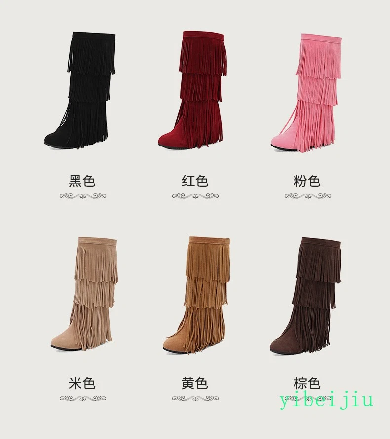 2025 Para mujeres Botas de media pantorrilla con flecos con borla de gamuza sintética Zapatos de tacón de cuña ocultos bajos Foto 3 de 4