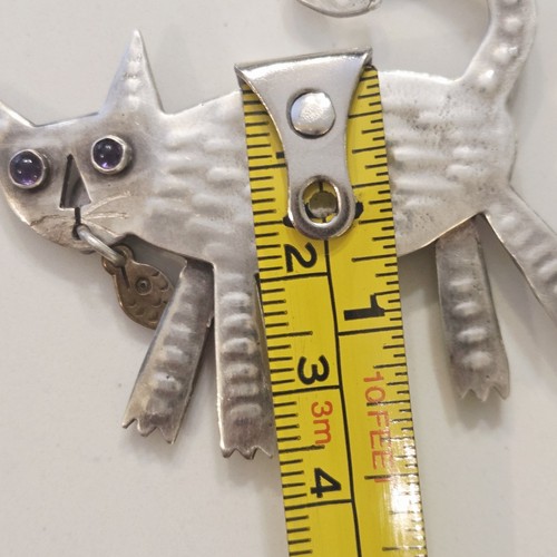 Vintage Rare MIMI MUSGROVE Sterling Silver 925 Cat Dangle Fish Stone Eyes Brooch - Picture 7 of 8