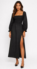 REFORMATION Black Gitane Linen Long Puff Sleeve Smocked Hi-Slit Dress XS = 0/2
