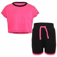 Kids Black Neon Pink Crop Top And Shorts Set Active Wear Summer Girls Age 5-13