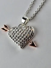 LA CN Pave' Rhinestone Heart N Arrow Silver Tone Pendant Necklace 18 Inch Chain
