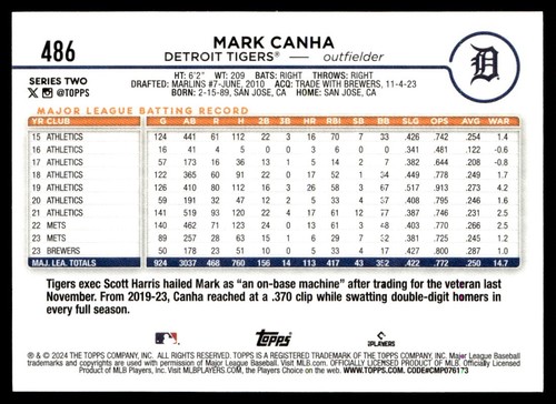 2024 Topps Mark Canha Detroit Tigers #486 - Picture 2 of 2