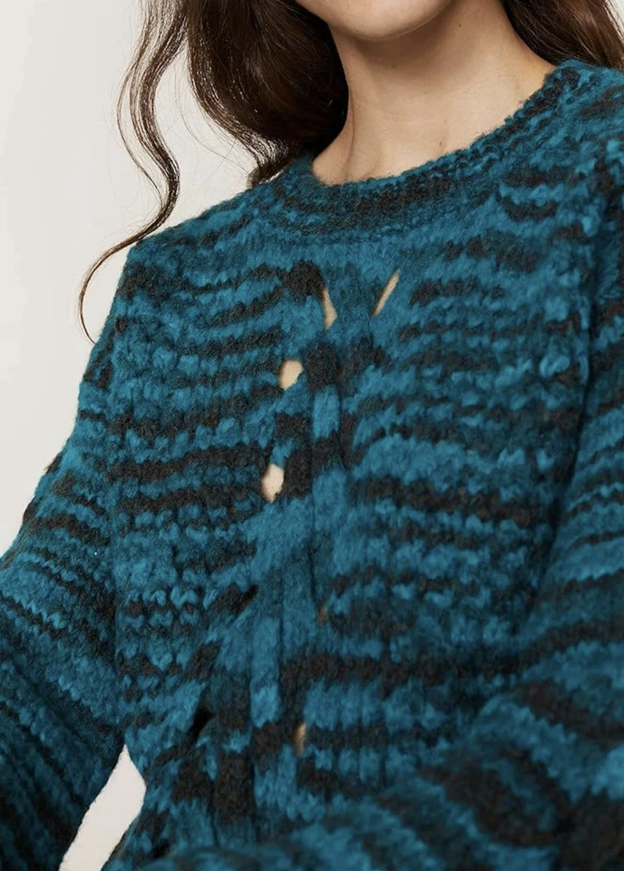 Teal Blue Black Crisscross Chunky Wool Sweater Spain 36 SitaMurt Anthropologie S - Image 2 of 4