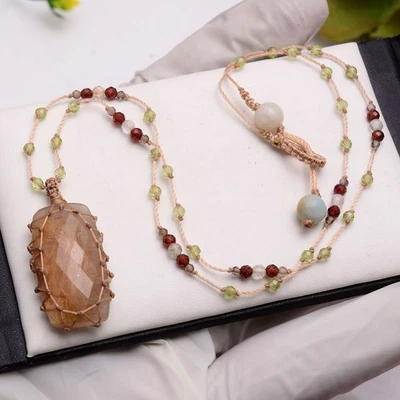 USHAQGEMS Natürliches Rutil Quarz Micro Makramee Kette Anhänger Halskette - Bild 1 von 4