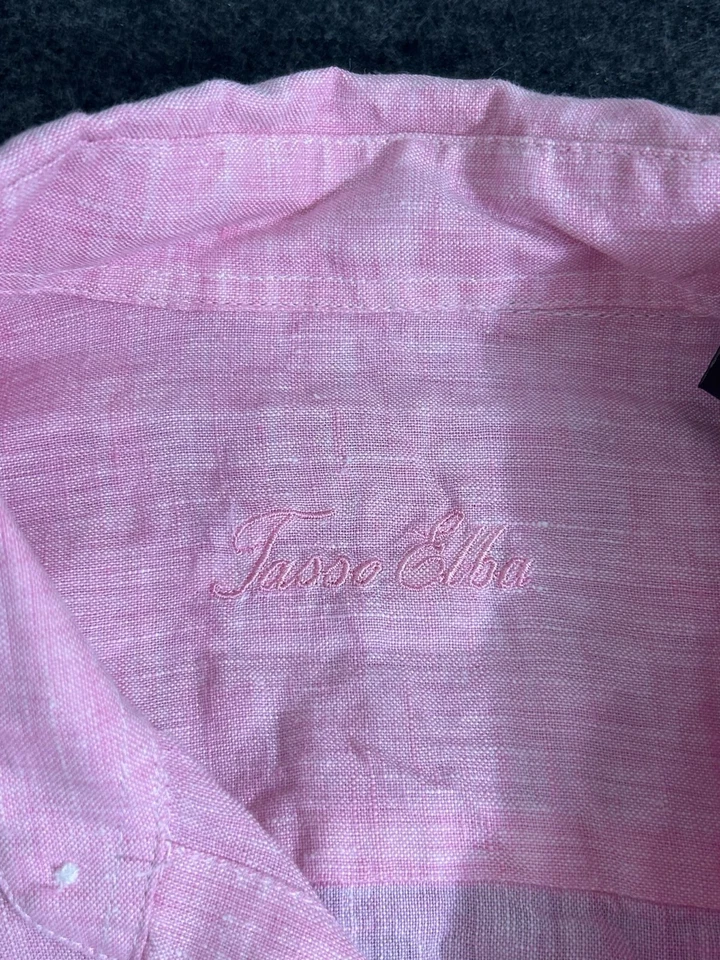 Camisa con botones Tasso Elba 100 % lino para hombre pequeña 14-14 1/2 rosa manga larga Foto 2 de 4