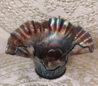 Vintage Fenton Cobalt Blue Grapes Leaves Carnival Glass Bowl Crimped Edge Ruffle