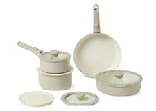 Ceramic Nonstick Stackable Cookware with Detachable Handles, 11 Set, Linen Gray