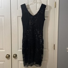 Women’s M Black Sleeveless Sequin Formal Party Cocktail Roaring 20s Sheath Dress