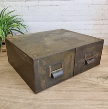 Vintage Industrial Metal Filing Drawer Double Index Card Cabinet Retro Rustic