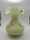 Fenton Satin Handpainted Custard Glass Crimped Edge Vase Uranium Glow Signed