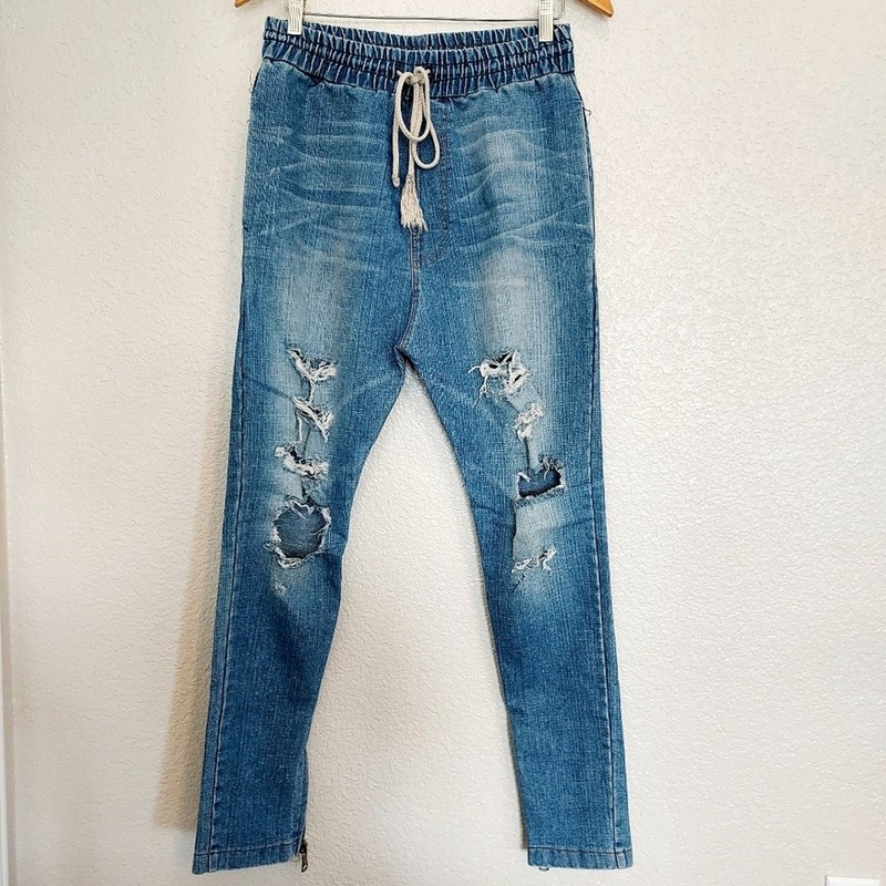 Grunge Distressed Elastic Waist Jeans Size Medium