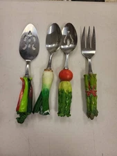 Vintage Kitchen Utensil Set Metal Cooking Spoon Fork Plastic Vegetable Handle