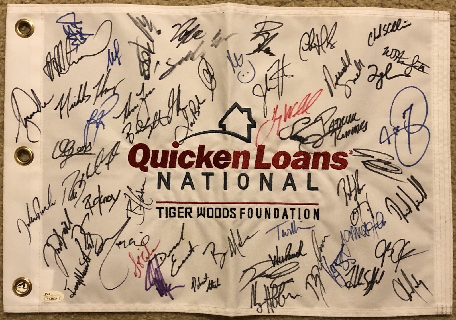 Tiger Woods Autographed Signed FOUNDATION MULTI- PIN FLAG QUICKEN LOANS NATIONAL SPIETH JSA 