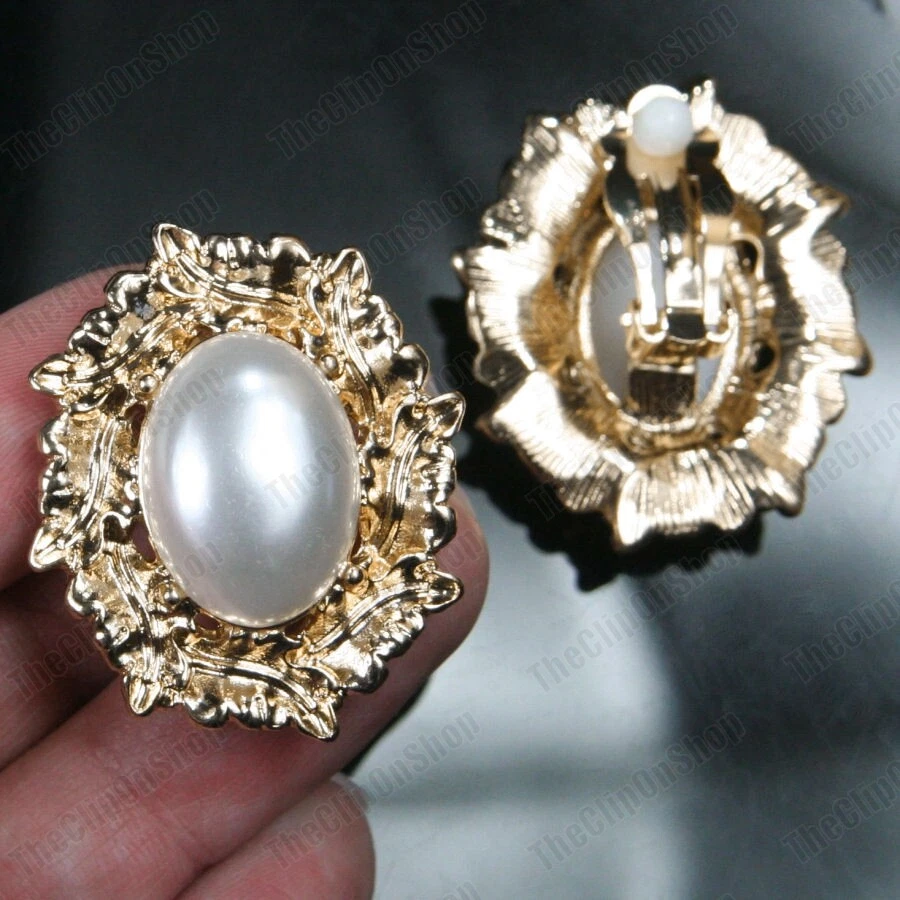 CLIP ON big PEARL LEAVES retro GOLD FASHION EARRINGS regal oval RETRO vintage