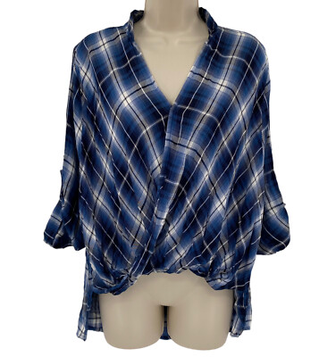 Francescas Top Small Women's Twist Front Hi Lo Blue Plaid Roll Sleeve Oversized