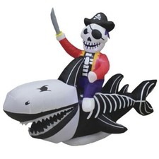 8' LED Pirate Riding Skeleton Shark Halloween Inflatable Outdoor Holiday Decor