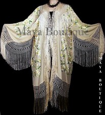 Embroidered Silk Opera Coat Kimono Fringe Jacket Birds & Flowers Pastels Greens