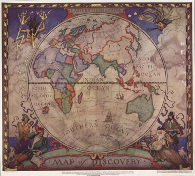 N.C. Wyeth   Eastern Hemisphere Map of Discovery   Vintage Art 1930s