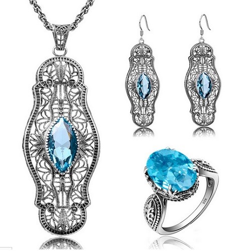 Parure ancienne aigue marine argent massif 925 : bijoux vintage véritables