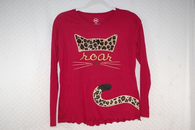 Girls CRANBERRY RED L/S T-SHIRT Kitty Face FURRY LEOPARD PRINT Roar XXL / 18