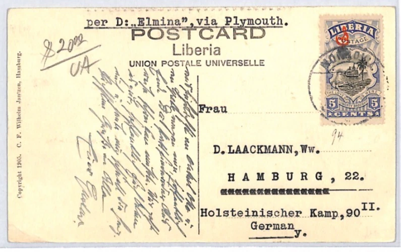 LIBERIA UPU открытка Монровия лодка посадки Bassa 1905 мульти вид {samwells}PX142 - Изображение 4 из 4