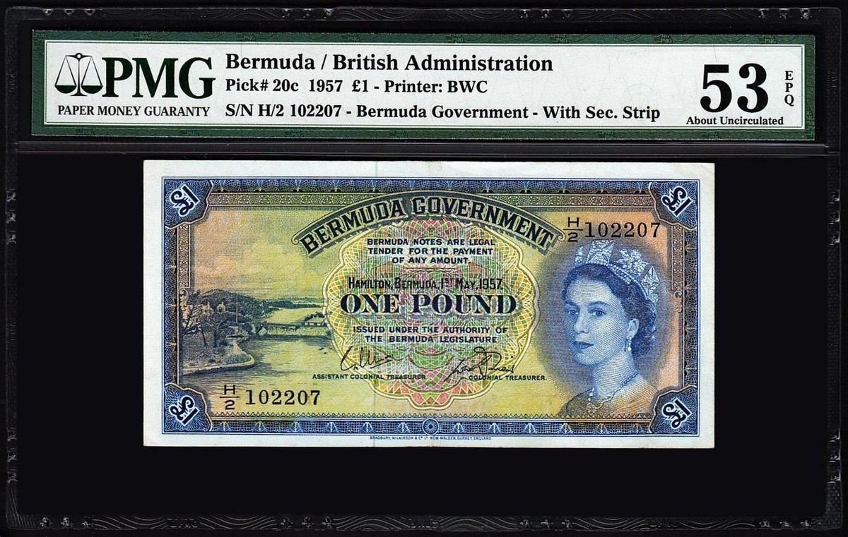 miさん Bermuda 1 Pound 1957, PMG 53, About UNC, P-20c, EPQ, Security