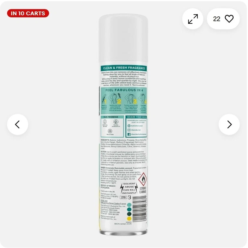 Champú Seco Batiste Original Clásico Fresco 200 ml Paquete de 3 Refrescos Instantáneos para el Cabello Foto 3 de 4