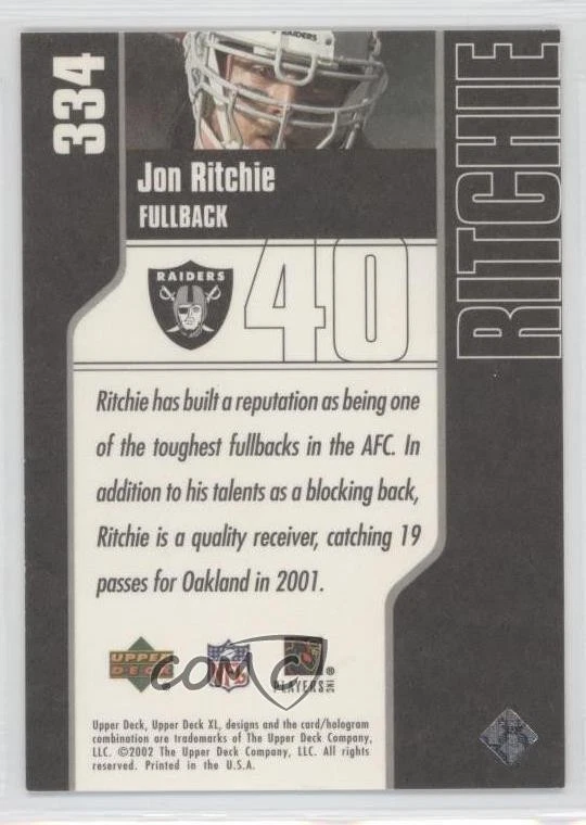 2002 Upper Deck XL Jon Ritchie #334 - Image 2 of 2