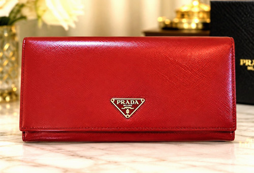 PRADA Red Saffiano Leather Continental Long Wallet Snap Zip Made in Italy