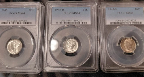 1945 PDS Mercury Silver Dime Lot All PCGS MS64