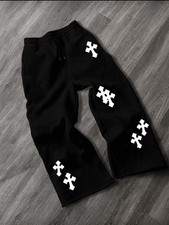 Black Wide-Leg Sweatpants with Cross Graphic, Elastic Waist, Pockets, Men's