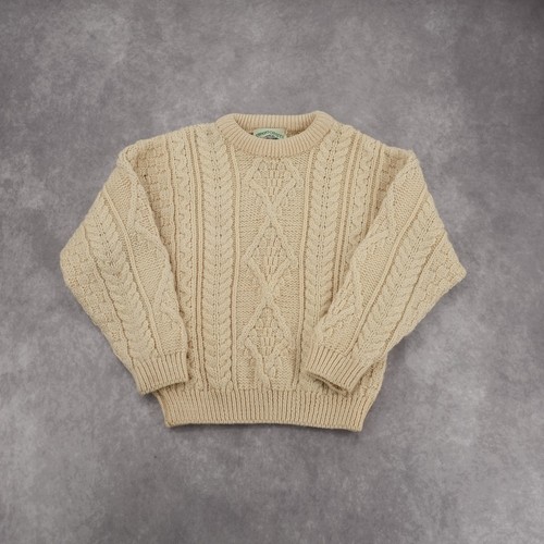 Vintage Aran Crafts Irish Fisherman Cable Knit Wool Sweater Beige Youth