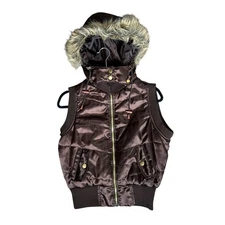 Y2K Brown Puffer Vest Faux Fur Hooded Sleeveless Quilted Full Zip Womens