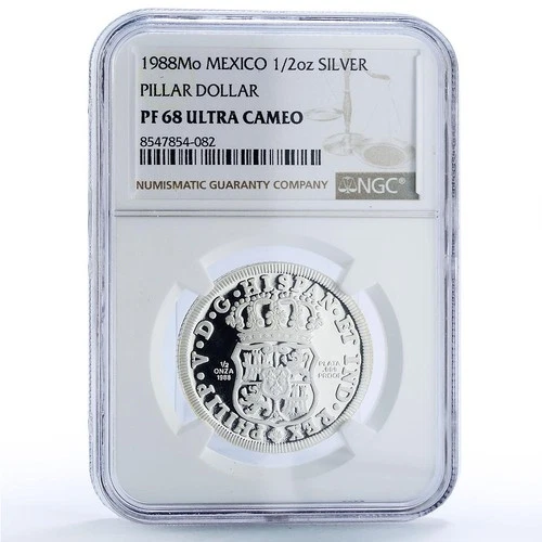 Mexico Pillar Dollar 8 Reales 1732 Restrike 1/2 oz PF 68 NGC silver medal 1988